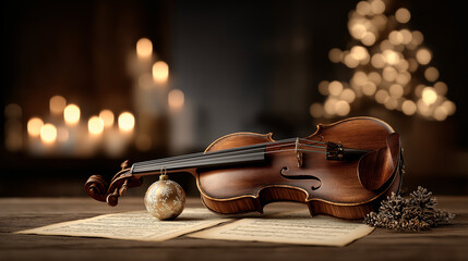 A violin lies on sheet music beside a Christmas ornament. Soft Christmas lights glow warmly in the background, creating a festive and peaceful mood
