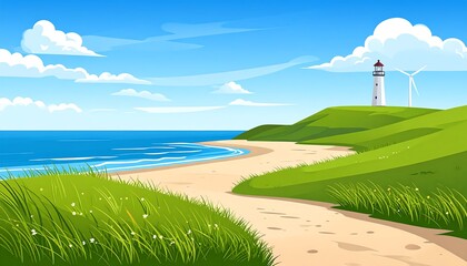 Cartoon landscape of a coastal path leading to a lighthouse with the sea, beach, grass, and cloudy sky