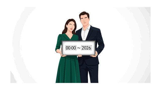 Timeline of a Couple's Moments: A couple stands together, holding a sign displaying a time range, symbolizing a journey or special moment they share, conveying themes of togetherness, connection.