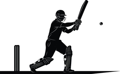 Black silhouette of a cricket batsman hitting a ball, cricket, batsman, ball, bat, wicket, sports, game, action, silhouette, black and white, illustration, athlete, player, equipment, helmet, pads, gl