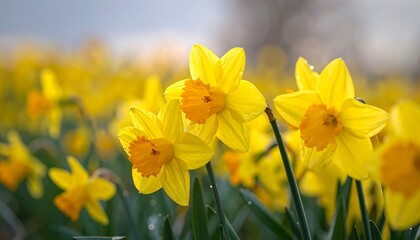 Close-up of bright yellow daffodils in a field, with bokeh background and diffused sunlight illuminating them