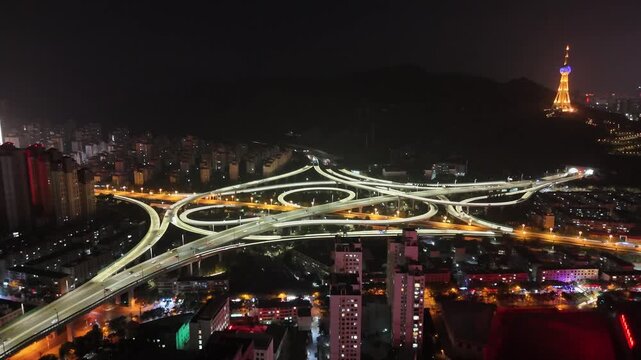 Xining Night Traffic Overpass Aerial View with City Lights