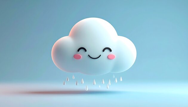Cheerful cartoon cloud with smiling face and small rain drops on a soft blue gradient background