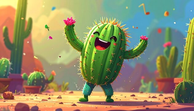 Cheerful cactus character dancing happily in a desert landscape with arms raised. Colorful confetti floating around - Powered by Adobe