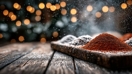 piles of red and dark spices sit on a wood serving board dusted with snow. Holiday lights glimmer softly in the background. Wintery, warm, and inviting