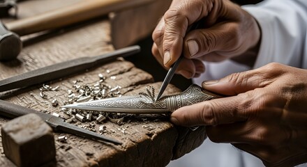A Yemeni man's hands skillfully sharpening a traditional Jambiya dagger on a rotating whetstone, creating a dramatic spray of orange sparks. Cultural heritage and craftsmanship.