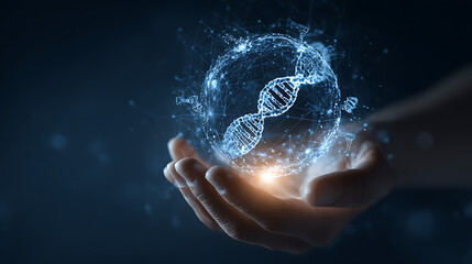 Glowing D N A helix held in open palm surrounded by digital network genetic science