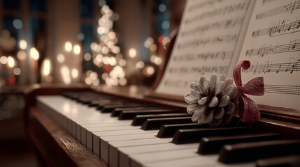 A close view of piano keys with sheet music and a decorated pinecone. Background shows blurred Christmas lights, creating a festive and warm mood. Soft light glows