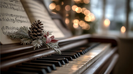 Close-up scene of piano keys adorned with Christmas decorations and sheet music, bathed in warm, inviting bokeh light. Evokes a cozy, festive mood