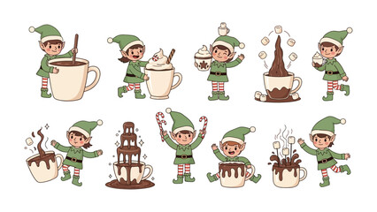 Whimsical Elf's Sweet Creations: A series of illustrations depicts joyful elves, busily crafting delectable chocolate delights and beverages, spreading holiday cheer and warmth.