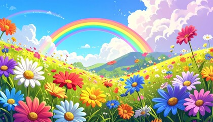 Cartoon meadow flowers bloom brightly under a vibrant rainbow on a sunny day with rolling green hills in the background