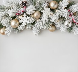 Arri&egrave;re-plan avec des branches de sapin de No&euml;l enneig&eacute;es et des boules en haut avec un fond blanc