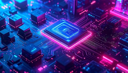 Close-up of a glowing electronic circuit board with a central microchip, lit in vibrant pink and blue tones