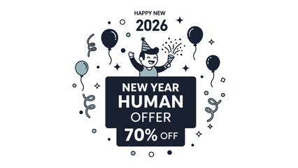 Happy New Year Human Offer: An illustration that captures the festive spirit of New Year's celebrations, a child is depicted with celebratory elements, with text highlighting a New Year offer. 