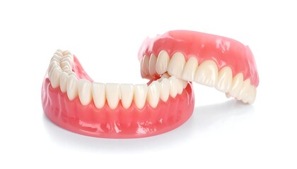 Obraz premium Close-up of dentures, showcasing pink gum base and white teeth on a clean, bright white background
