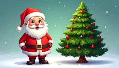 Fototapeta premium Cheerful cartoon Santa stands beside a bright green Christmas tree against a soft, snowy background