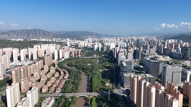 Xining Cityscape with Huangshui River - Aerial City View, China
