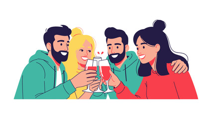 Cheers to Connection: Four individuals raise glasses in a toast, their faces lit with warmth and camaraderie, symbolizing unity and celebration of a shared moment.