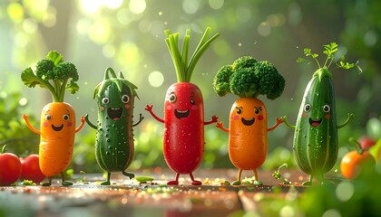 Cheerful cartoon vegetables, carrots, cucumbers, radishes and broccolis holding hands in a sunny garden scene