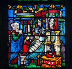 Stained glass (16th century) of The childhood of Mary: Presentation of Mary at the Temple.