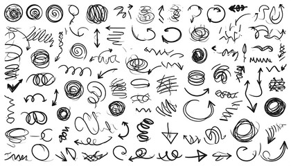 Collection of sketchy arrows, spirals, and doodles in various shapes and directions, isolated on a white background
