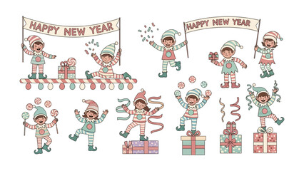Joyous Holiday Elves: An array of spirited elves joyfully ushering in the New Year. Each whimsical illustration captures the festive essence of celebration.