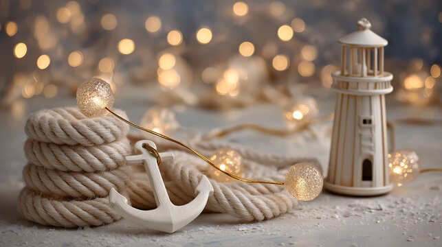 A nautical-themed Christmas scene unfolds with a miniature lighthouse, rope, and white anchor illuminated by warm Christmas string lights, creating a cozy coastal winter feeling