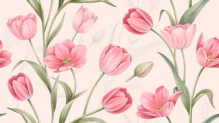 Delicate pink tulip watercolor floral pattern on pale background
