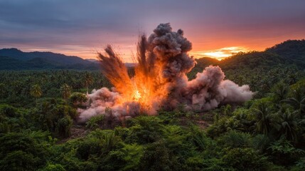 Dramatic explosion erupts over lush green forest at sunset with dramatic lighting