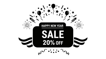 New Year Sale Banner: A festive sale banner, with a message of Happy New Year, advertising a 20% discount on products or services, conveying excitement and savings to customers.