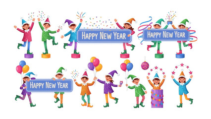 Cheerful Elf New Year Celebration: Whimsical illustrations capture the festive spirit of New Year's, with joyful elves celebrating amidst vibrant confetti and balloons. 