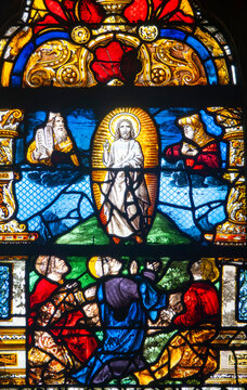 Stained (19th century) glass of the Transfiguration of Jesus Christ.