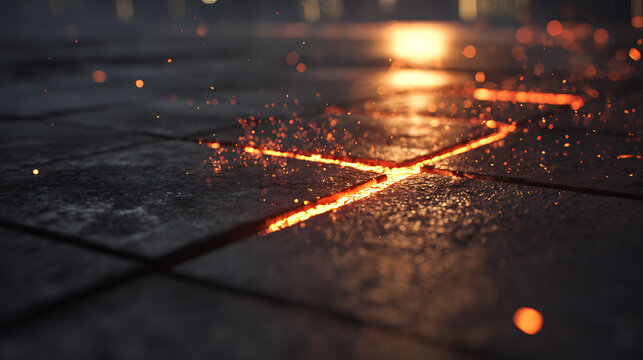 Glowing orange cracks on dark textured surface with sparks abstract background - Powered by Adobe