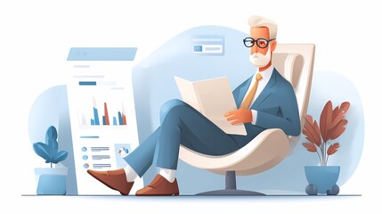 A senior man in formal attire reading a document while sitting in a modern chair, surrounded by plants and data visuals.