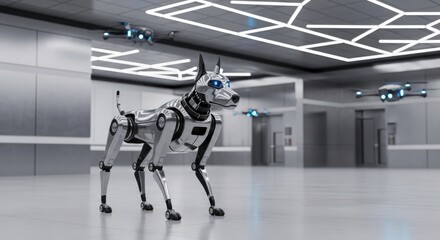 Futuristic robotic dog with drones in modern building signals innovation and advanced technology solutions