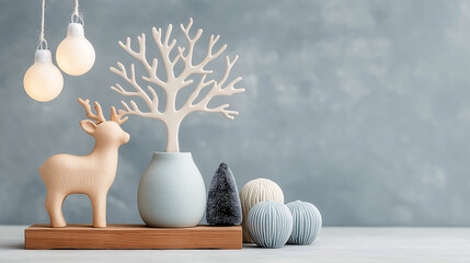 Gentle glowing orbs hang above a wooden reindeer, small sculpted tree, and decorative balls on a shelf, creating a peaceful, cold winter holiday scene