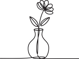Continuous line art illustration of vase with single flower stem using handmade contour