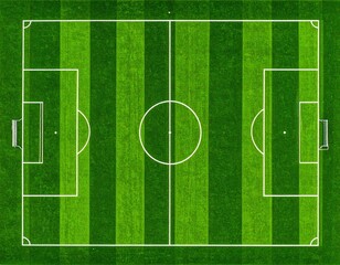 Naklejka premium Aerial Top View of Empty Soccer Football Field with Goalposts and Green Grass Stripes