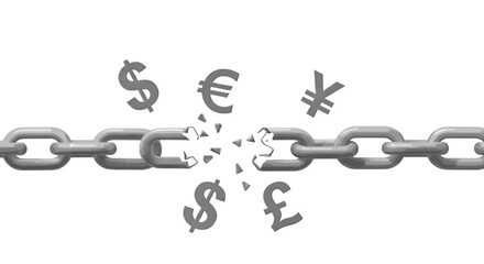 Obraz premium A broken chain with dollar, euro, pound and yen signs imply a financial system collapse.