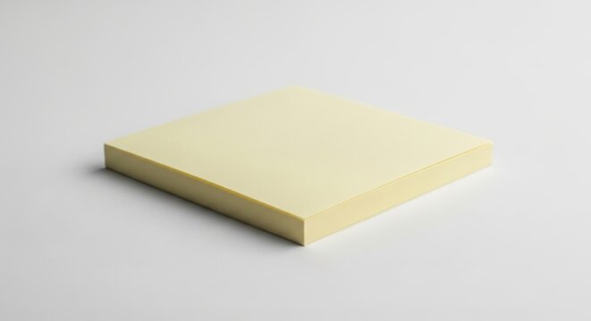 A close-up, hyper-realistic studio shot of a pale yellow sticky note pad on a plain white background, showcasing its texture and form