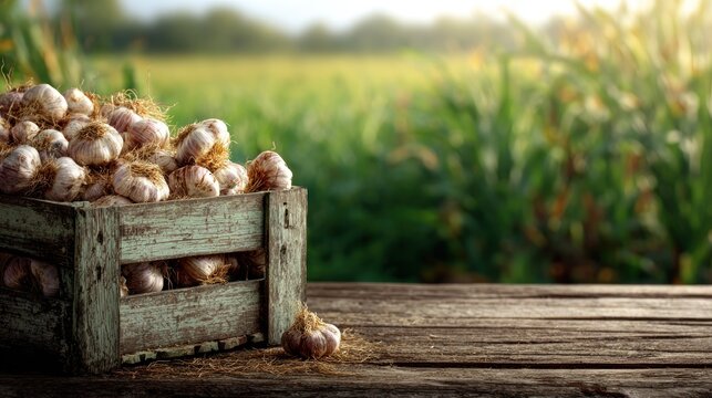 Fresh garlic bulbs in rustic wooden crate with blurred green field background