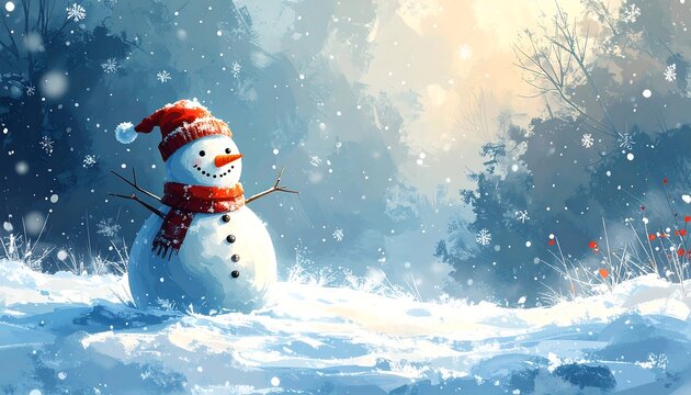 Cheerful snowman stands against a soft snowy backdrop with trees and berries, bathed in a gentle glow of sunlight - Powered by Adobe