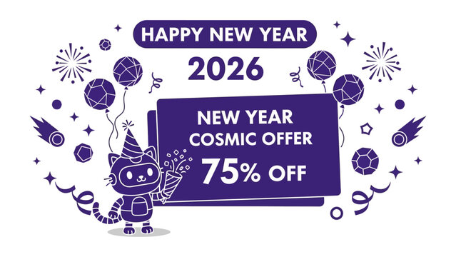 Cosmic New Year: a futuristic robot offers an exclusive deal for 2026's New Year celebration. A special sale to make the holiday unique. 