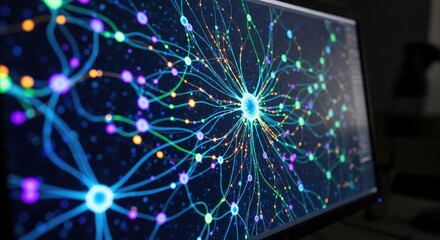 Neural network graphic on screen showing connections, communication, and cutting edge technology concepts