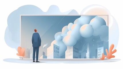 A person in a suit gazes at a large display showing a city engulfed in smoke and clouds, evoking a sense of concern and urgency.