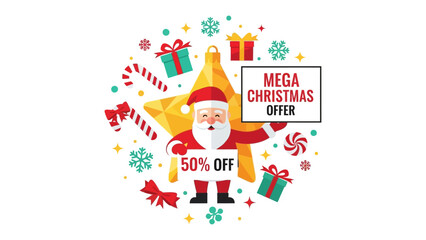 Festive Cheer and Mega Christmas Offer: A jolly Santa Claus stands proudly, surrounded by festive ornaments, advertising a Mega Christmas Offer with 50% off, inviting joy and savings.
