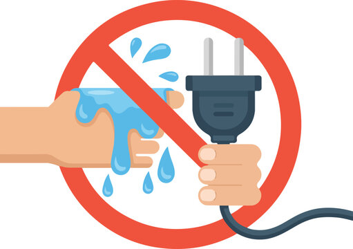 Hand holding electrical plug near water drops with prohibition sign electricity safety