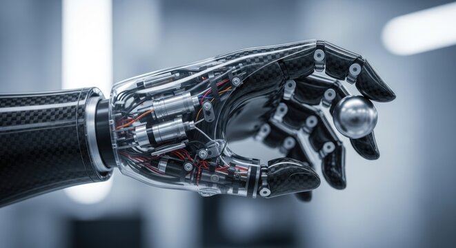 Futuristic robotic hand grasping chrome sphere with intricate internal wiring and components visible