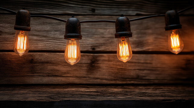 A string of warm amber Edison bulbs casts a soft glow against a rustic wooden backdrop. This evokes a feeling of comfort, nostalgia, and cozy winter evenings
