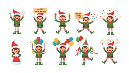 Joyful Elves Celebrating the Holiday Season: A vibrant collection of elves dressed in festive attire and each filled with excitement for the upcoming new year.